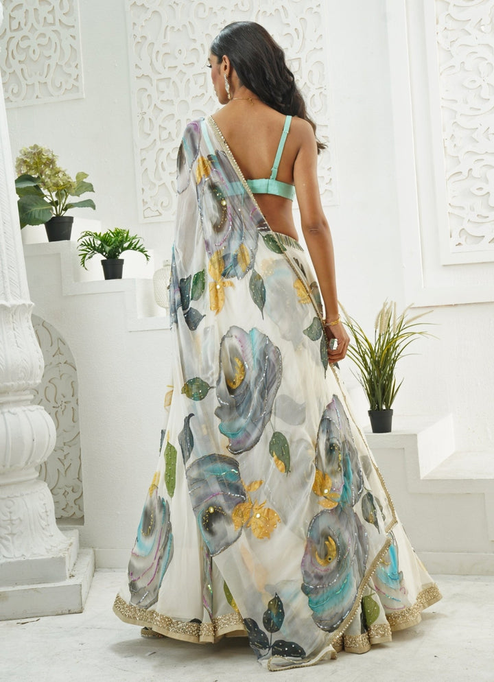 Ivory Hand Painted Georgette Lehenga Set With Bralette Priti Sahni - Fabilicious Fashion