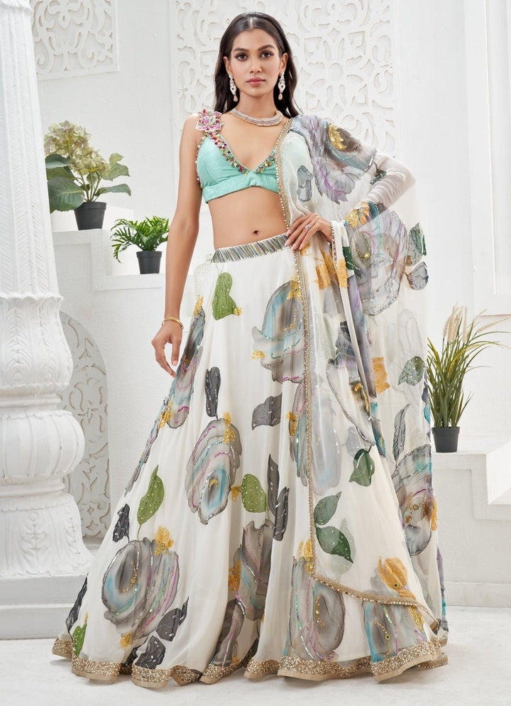 Ivory Hand Painted Georgette Lehenga Set With Bralette Priti Sahni - Fabilicious Fashion