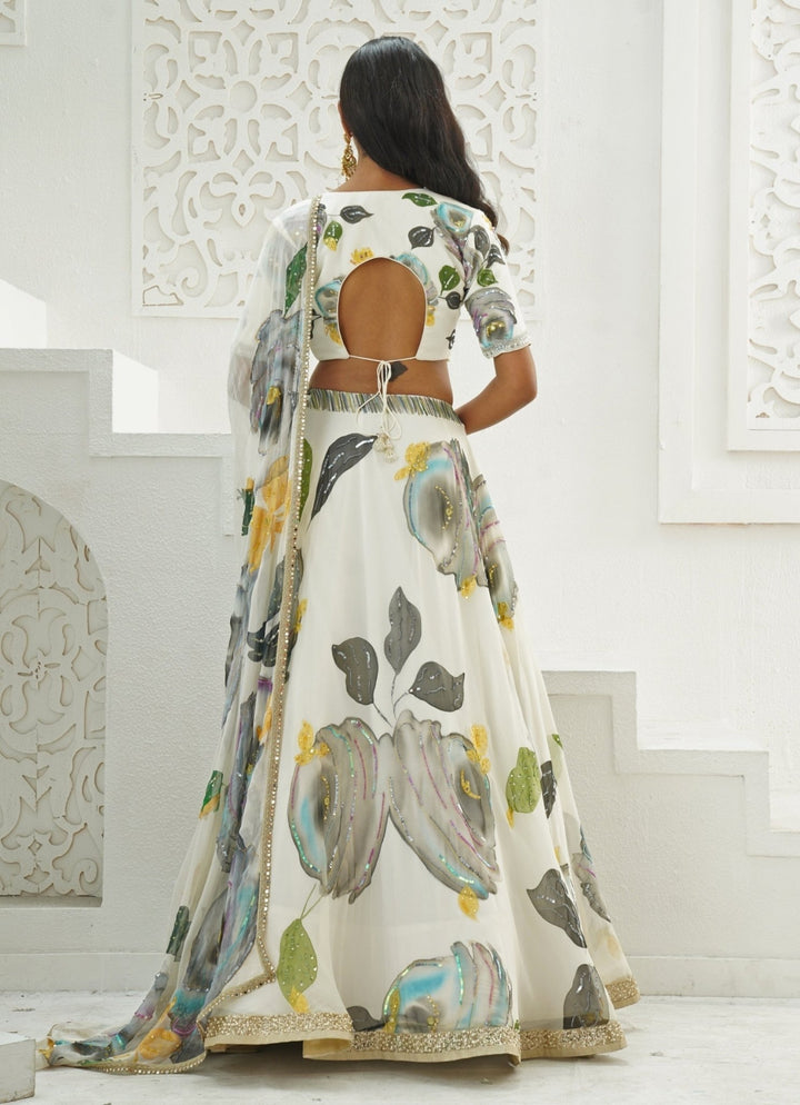 Ivory Hand Painted Georgette Lehenga Set Priti Sahni - Fabilicious Fashion