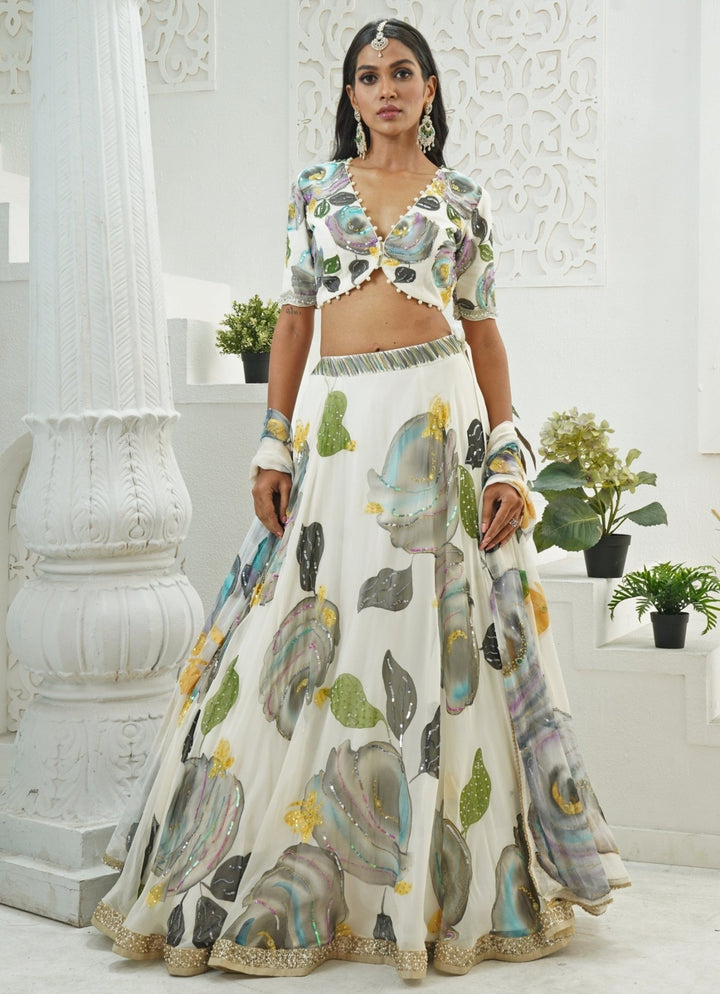 Ivory Hand Painted Georgette Lehenga Set Priti Sahni - Fabilicious Fashion