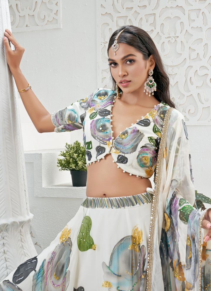 Ivory Hand Painted Georgette Lehenga Set Priti Sahni - Fabilicious Fashion