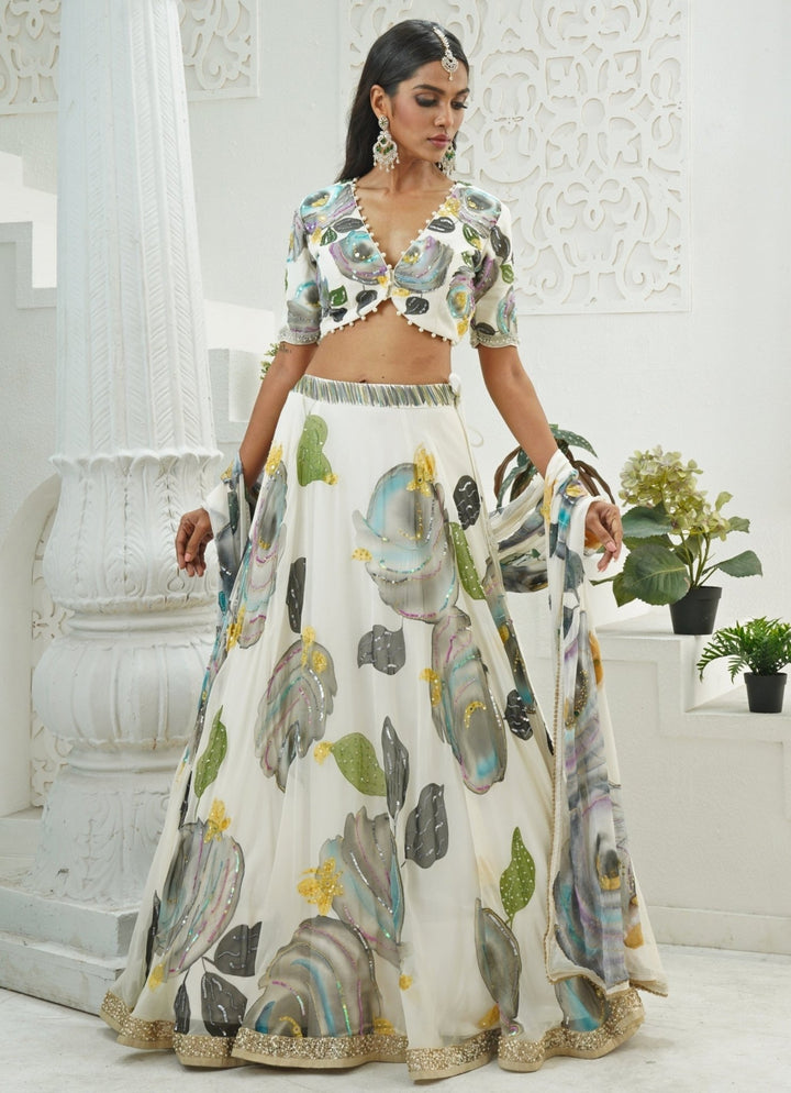 Ivory Hand Painted Georgette Lehenga Set Priti Sahni - Fabilicious Fashion