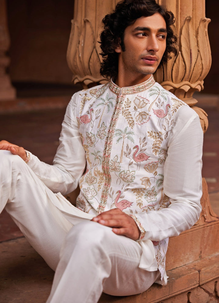 Ivory Kurta Set With An Embroidered Jacket Contrast By Parth - Fabilicious Fashion
