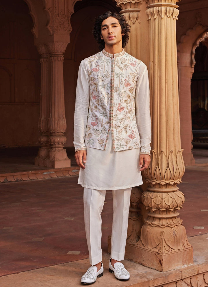 Ivory Kurta Set With An Embroidered Jacket Contrast By Parth - Fabilicious Fashion