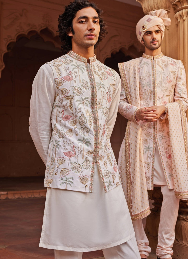 Ivory Kurta Set With An Embroidered Jacket Contrast By Parth - Fabilicious Fashion