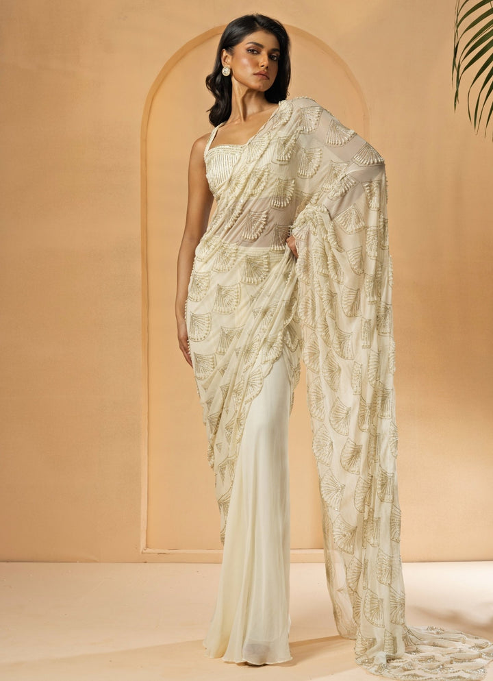 Ivory Pre - Stitched Draped Georgette Saree Quench A Thirst - Fabilicious Fashion