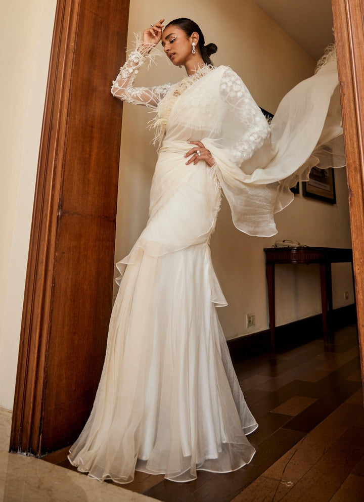 Ivory Predraped Organza Ruffle Saree With Feather Blouse Mani Bhatia - Fabilicious Fashion