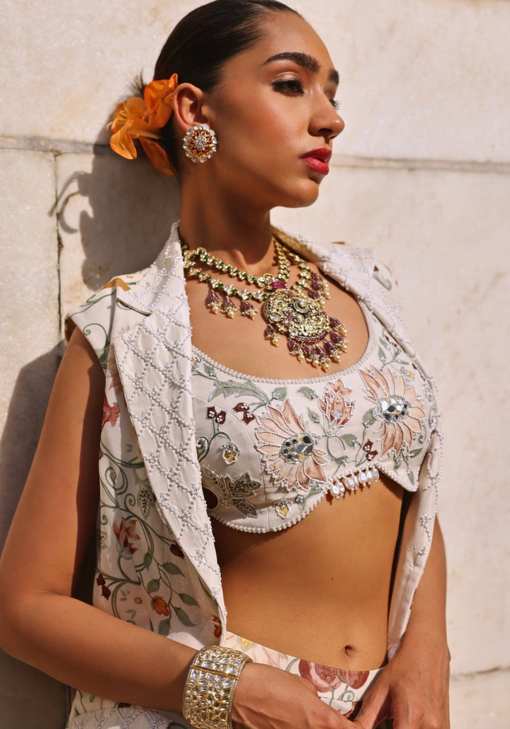 Ivory Printed Jacket set with Pants Seema Thukral - Fabilicious Fashion