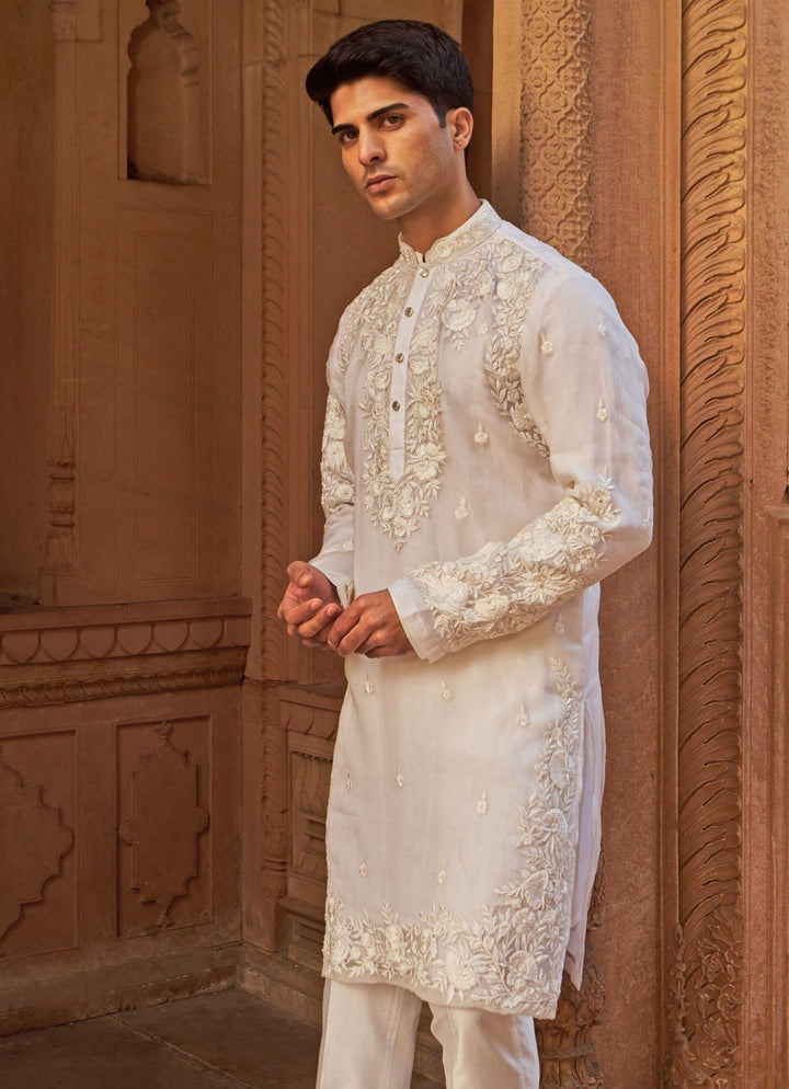 Ivory Resham Embroidered Organza Kurta Set Nidhika Shekhar - Men - Fabilicious Fashion