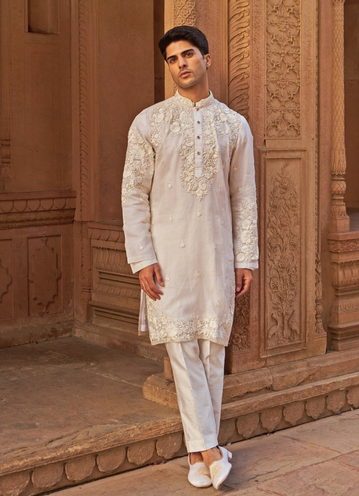 Ivory Resham Embroidered Organza Kurta Set Nidhika Shekhar - Men - Fabilicious Fashion