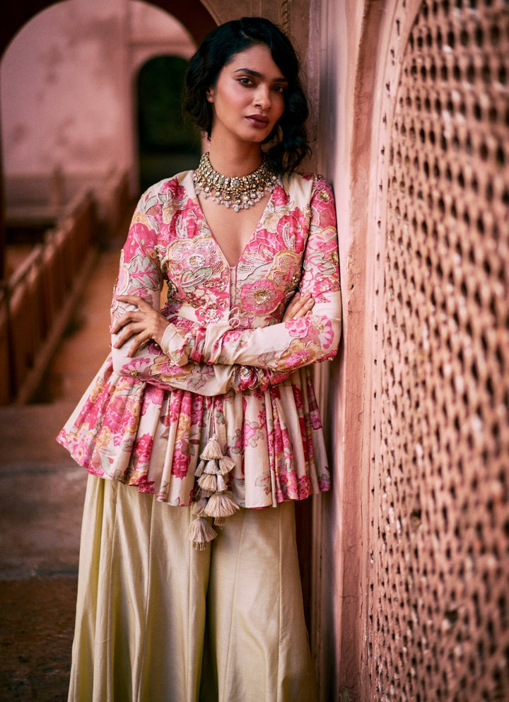Ivory Silk Peplum Kurta Palazzo Set Paulmi and Harsh - Fabilicious Fashion