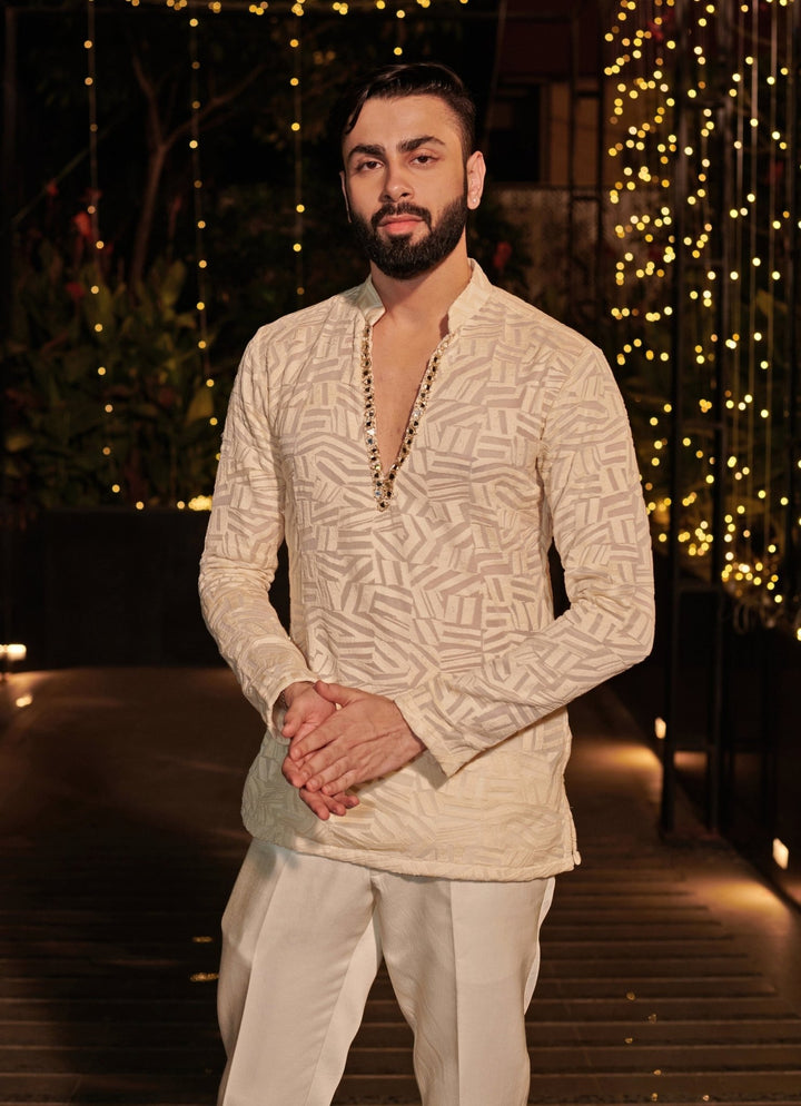 Ivory Silk Short Jacket Set Jigar and Nikita - Fabilicious Fashion