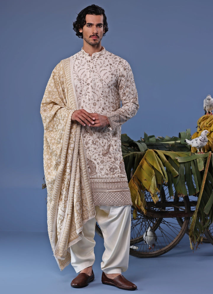Ivory Thread Embroidered Kurta Patiala Pant Set Kalpraag - Fabilicious Fashion