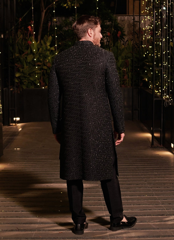 Jet Black Embroidered Sherwani Set Jigar and Nikita - Fabilicious Fashion