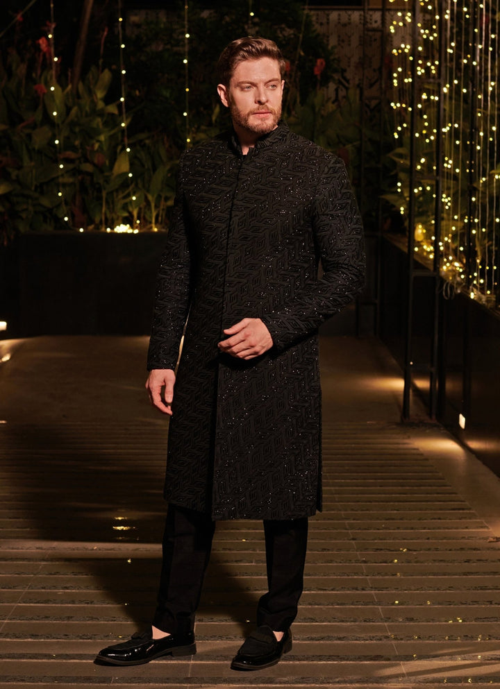 Jet Black Embroidered Sherwani Set Jigar and Nikita - Fabilicious Fashion