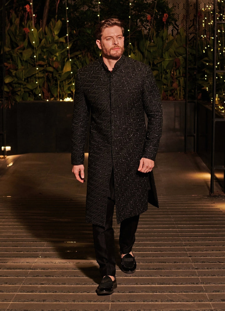 Jet Black Embroidered Sherwani Set Jigar and Nikita - Fabilicious Fashion