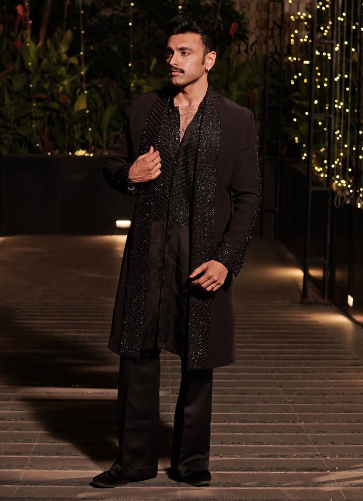 Jet Black Long Jacket Indowestern Set Jigar and Nikita - Fabilicious Fashion