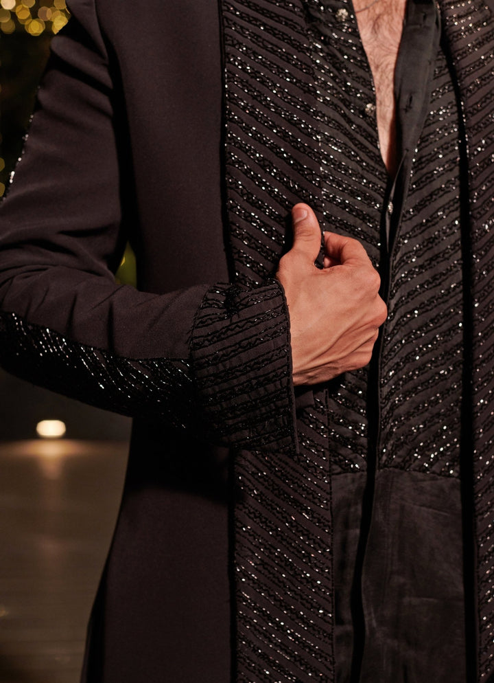 Jet Black Long Jacket Indowestern Set Jigar and Nikita - Fabilicious Fashion