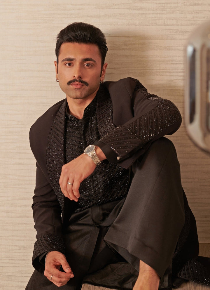 Jet Black Long Jacket Indowestern Set Jigar and Nikita - Fabilicious Fashion