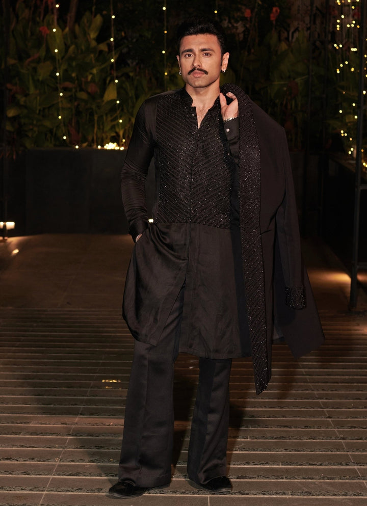 Jet Black Long Jacket Indowestern Set Jigar and Nikita - Fabilicious Fashion