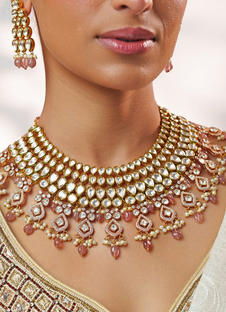 Kundan Jadau And Pearl Gold Necklace Set Zevar by Geeta - Fabilicious Fashion