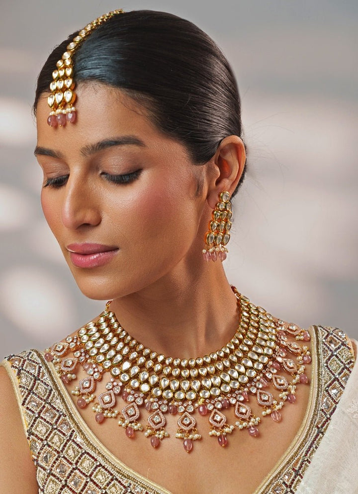Kundan Jadau And Pearl Gold Necklace Set Zevar by Geeta - Fabilicious Fashion