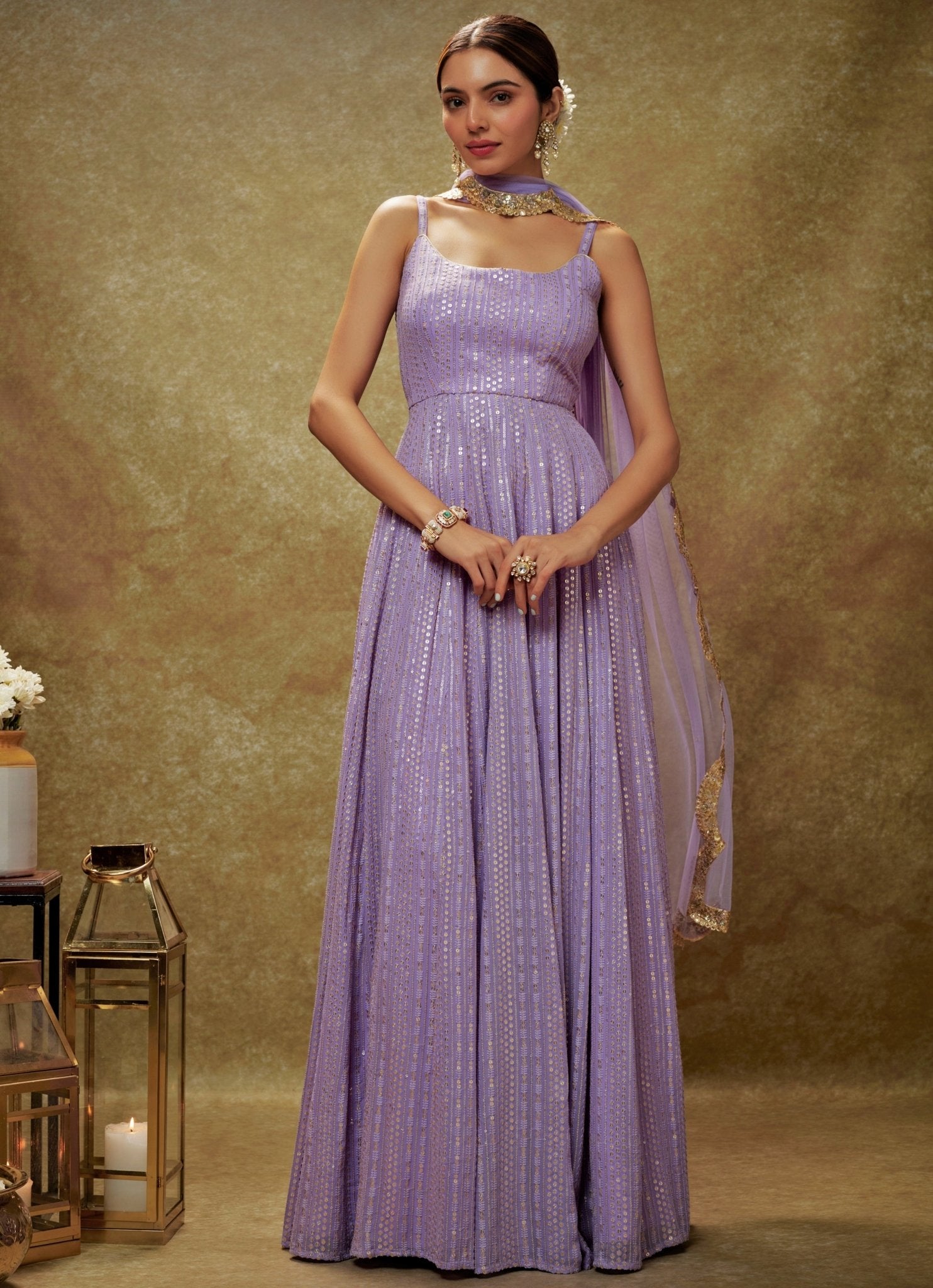 Renee Label  Lavender And Gold Sequin Embroidered Anarkali Gown   Fabilicious Fashion
