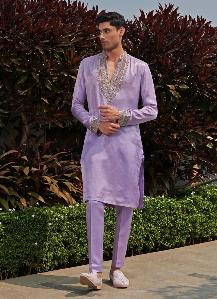 Lavender Embroidered Silk Kurta Pant Set Jigar and Nikita - Fabilicious Fashion