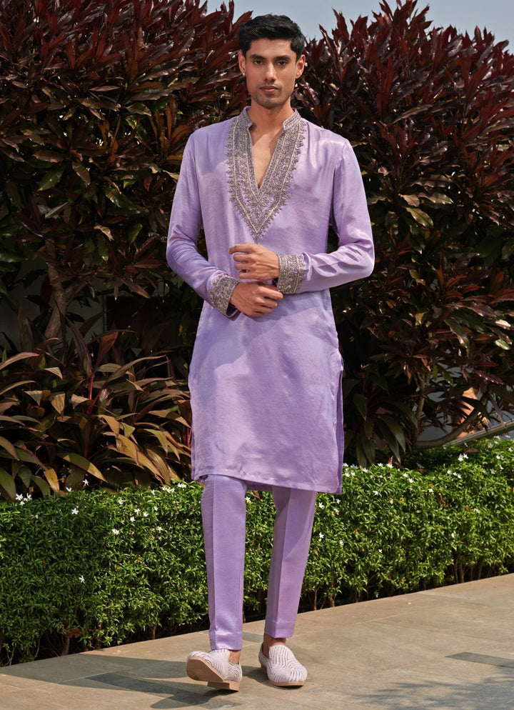 Lavender Embroidered Silk Kurta Pant Set Jigar and Nikita - Fabilicious Fashion