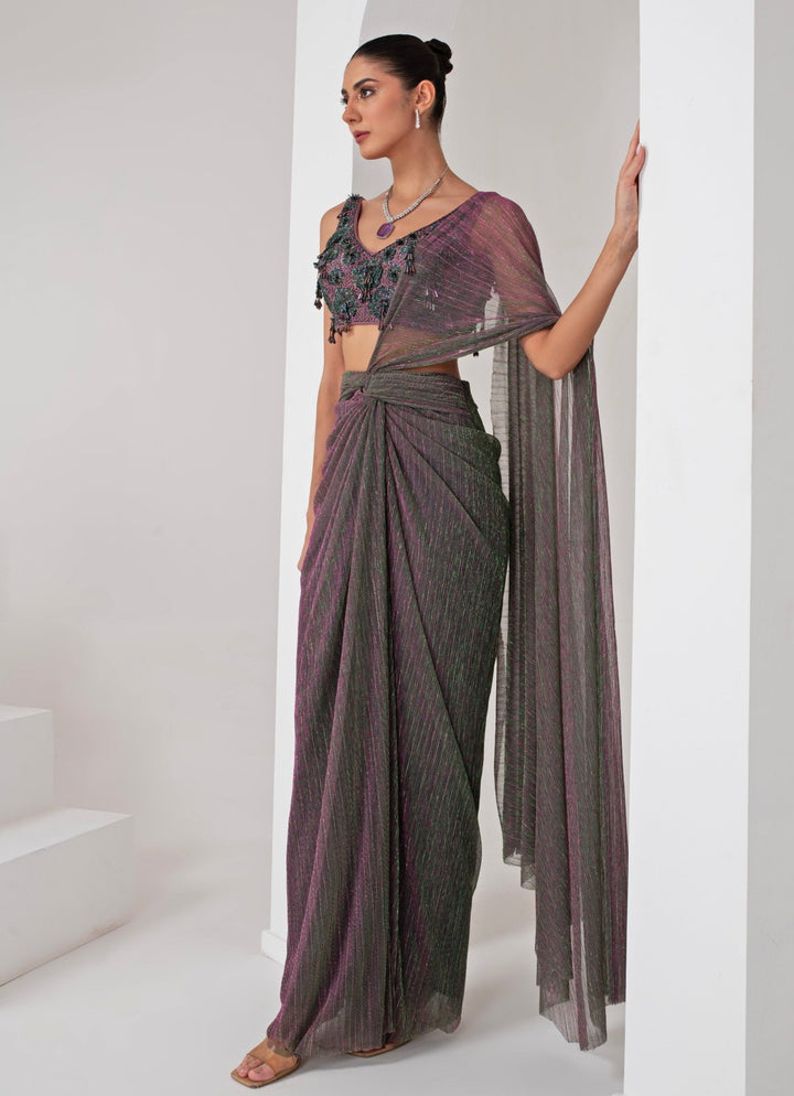 Lavender Pre Draped Crepe Saree Akara - Fabilicious Fashion