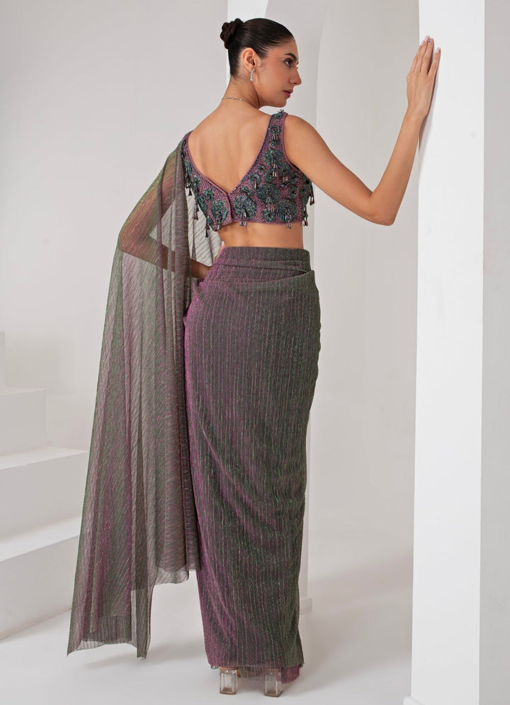 Lavender Pre Draped Crepe Saree Akara - Fabilicious Fashion