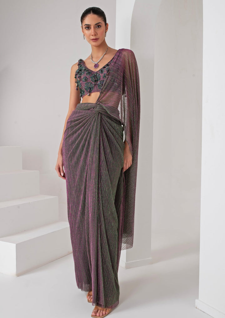Lavender Pre Draped Crepe Saree Akara - Fabilicious Fashion