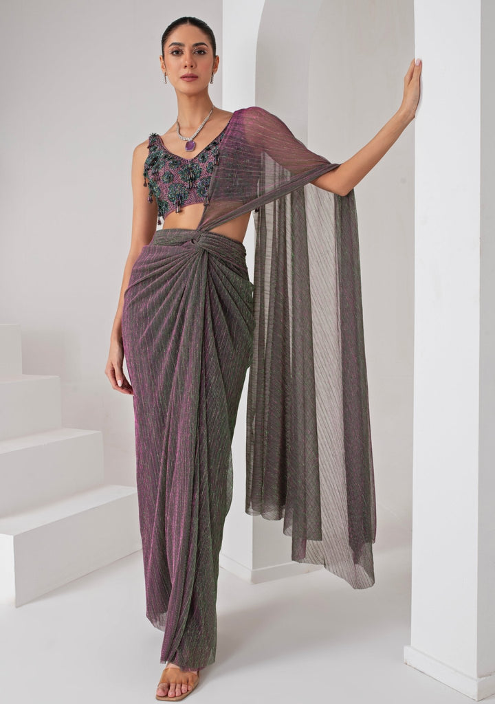 Lavender Pre Draped Crepe Saree Akara - Fabilicious Fashion