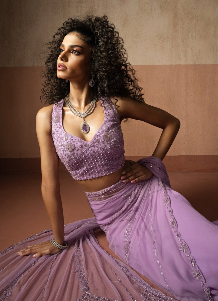 Lavender Pre Draped Georgette Saree Quench A Thirst - Fabilicious Fashion