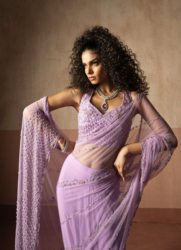 Lavender Pre Draped Georgette Saree Quench A Thirst - Fabilicious Fashion