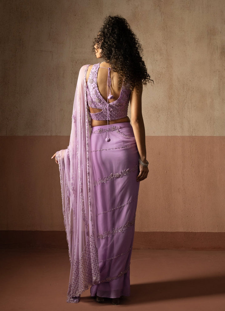 Lavender Pre Draped Georgette Saree Quench A Thirst - Fabilicious Fashion