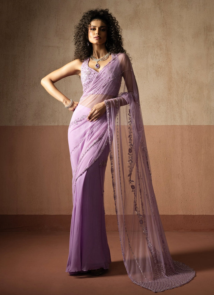Lavender Pre Draped Georgette Saree Quench A Thirst - Fabilicious Fashion