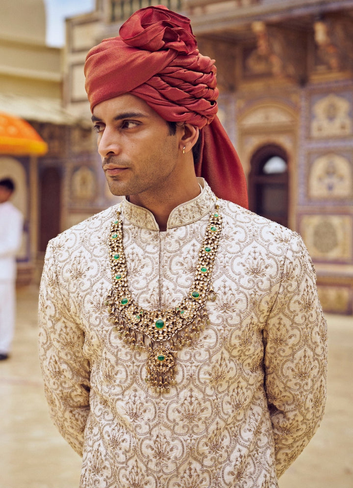 Light Beige Embroidered Silk Sherwani Set Nitika Gujral - Men - Fabilicious Fashion