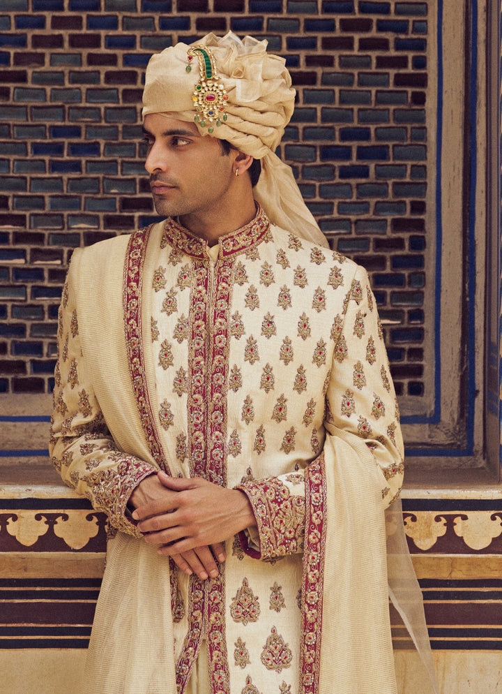 Light Beige Embroidered Silk Sherwani Set Nitika Gujral - Men - Fabilicious Fashion