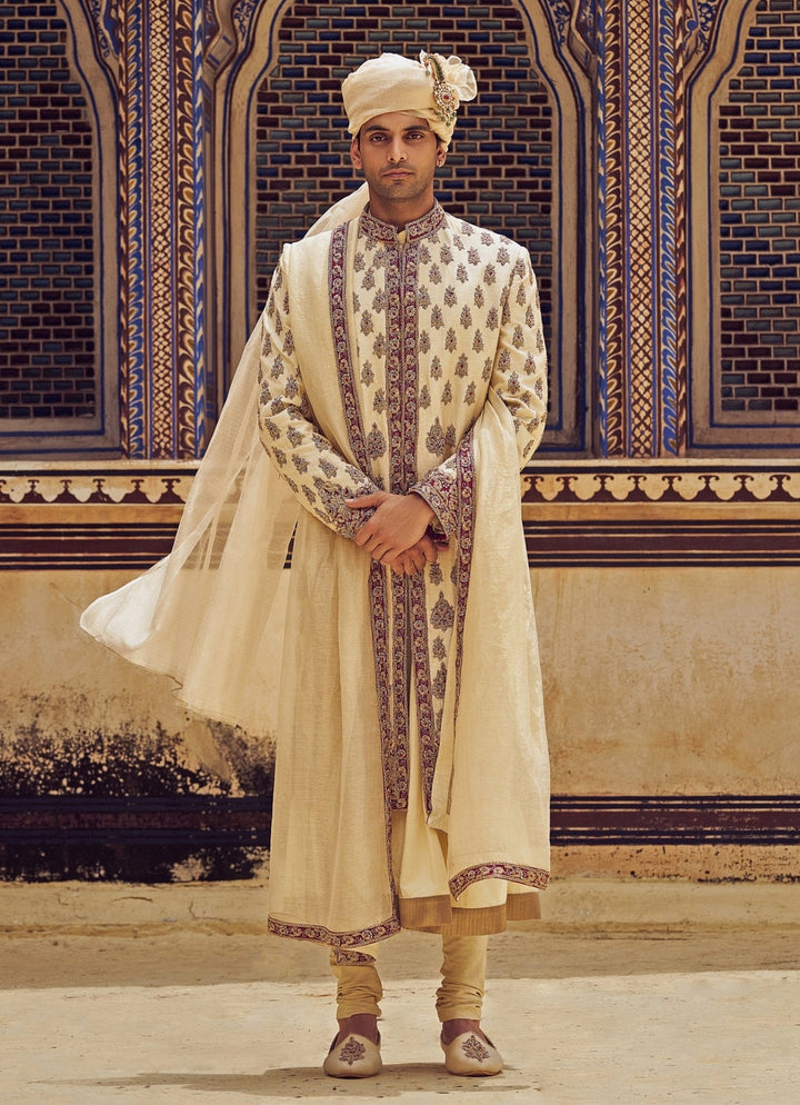 Light Beige Embroidered Silk Sherwani Set Nitika Gujral - Men - Fabilicious Fashion