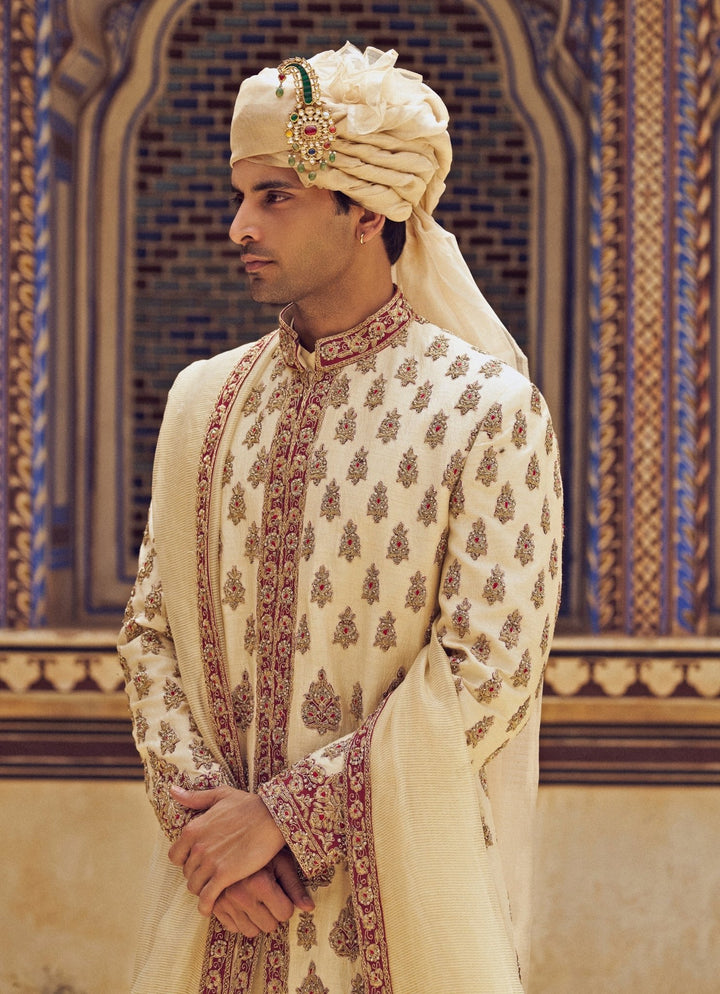 Light Beige Embroidered Silk Sherwani Set Nitika Gujral - Men - Fabilicious Fashion