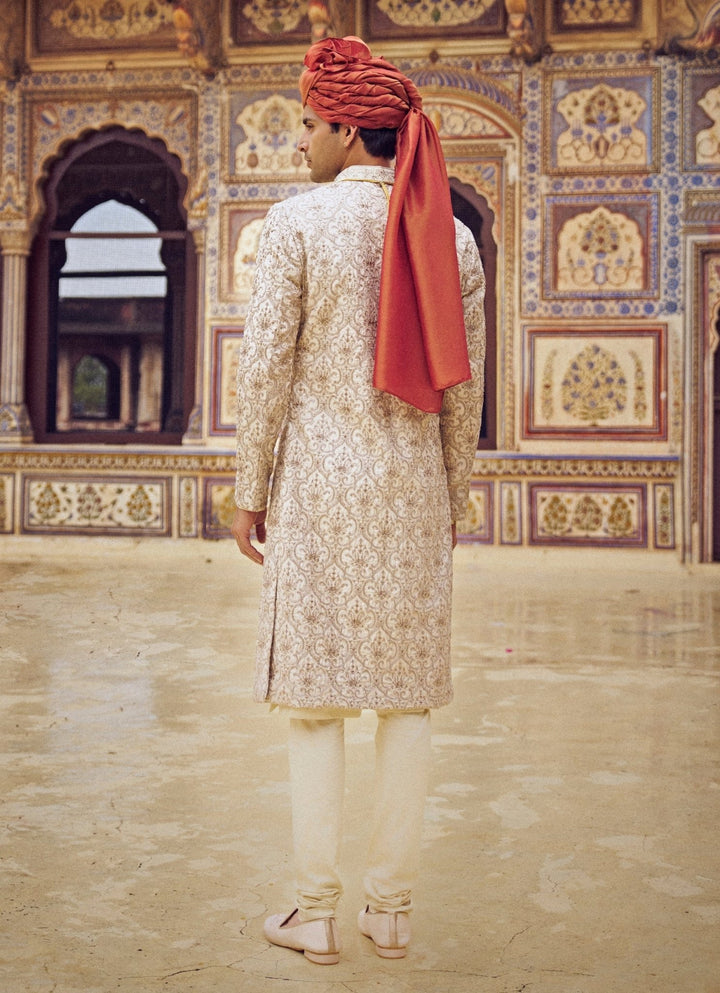 Light Beige Embroidered Silk Sherwani Set Nitika Gujral - Men - Fabilicious Fashion