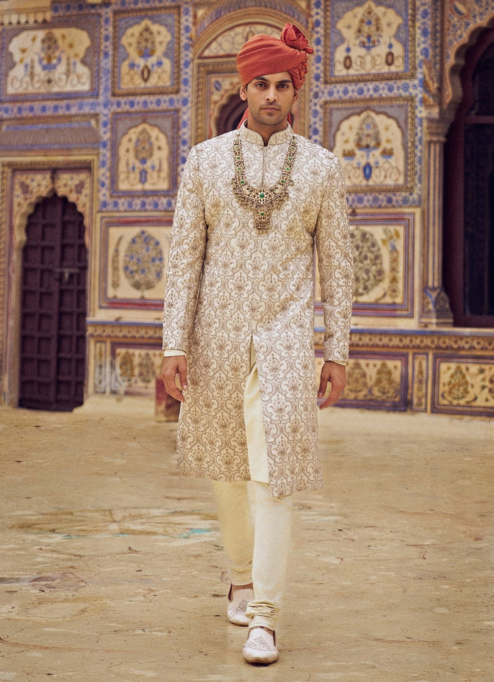 Light Beige Embroidered Silk Sherwani Set Nitika Gujral - Men - Fabilicious Fashion