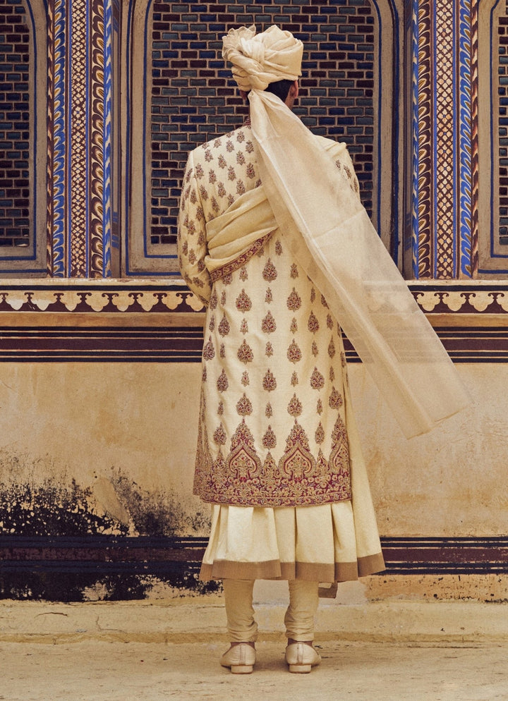 Light Beige Embroidered Silk Sherwani Set Nitika Gujral - Men - Fabilicious Fashion