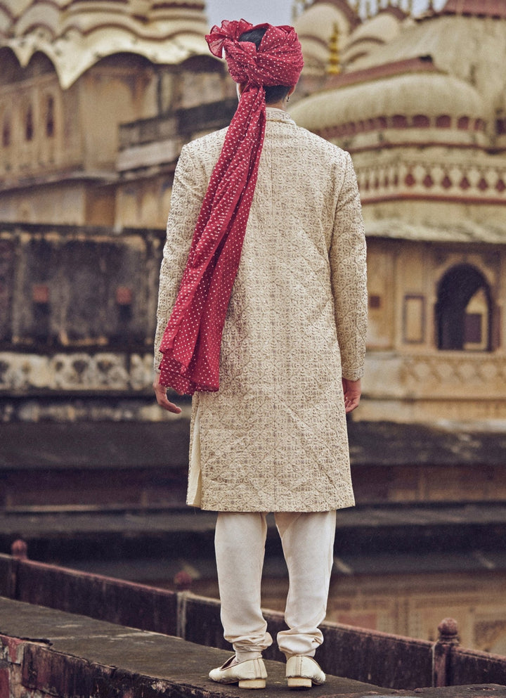 Light Beige Embroidered Silk Sherwani Nitika Gujral - Men - Fabilicious Fashion