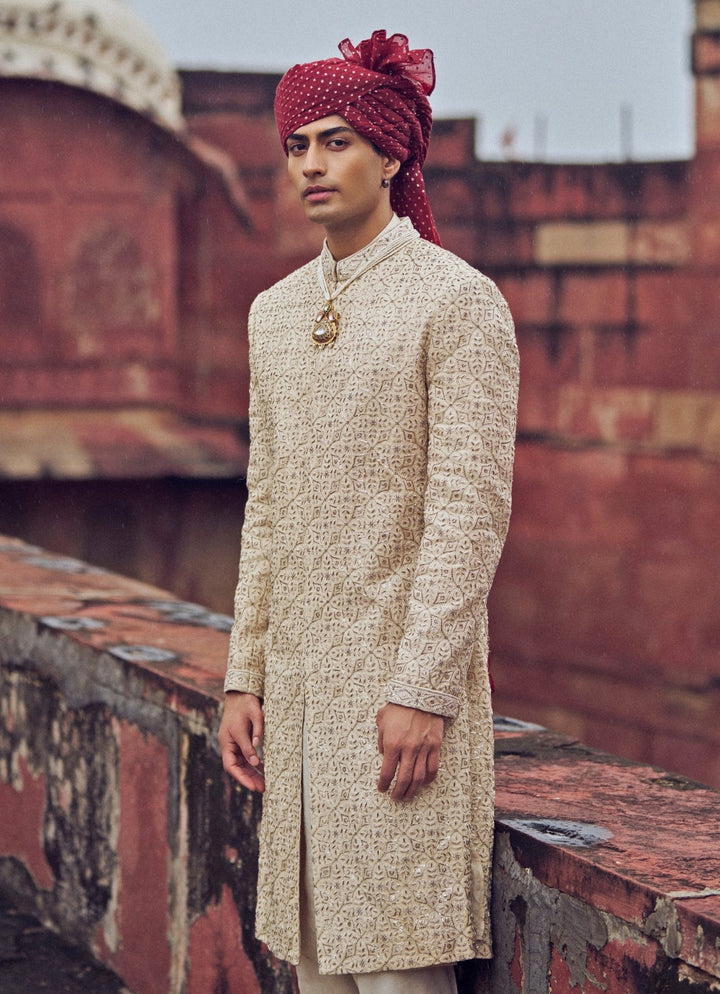 Light Beige Embroidered Silk Sherwani Nitika Gujral - Men - Fabilicious Fashion