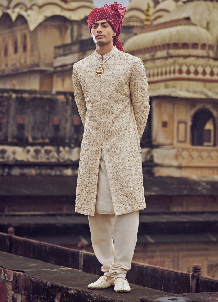 Light Beige Embroidered Silk Sherwani Nitika Gujral - Men - Fabilicious Fashion