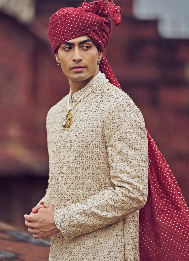 Light Beige Embroidered Silk Sherwani Nitika Gujral - Men - Fabilicious Fashion