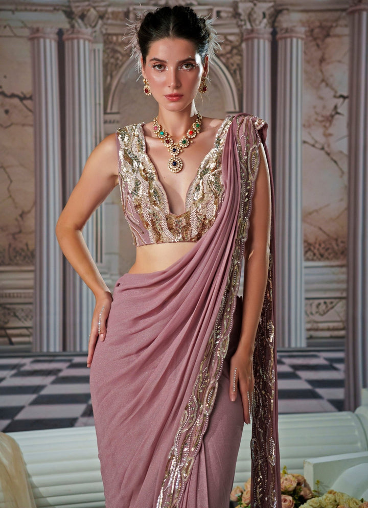 Lilac Draped Sequin Embroidered Georgette Saree Nidhika Shekhar - Fabilicious Fashion