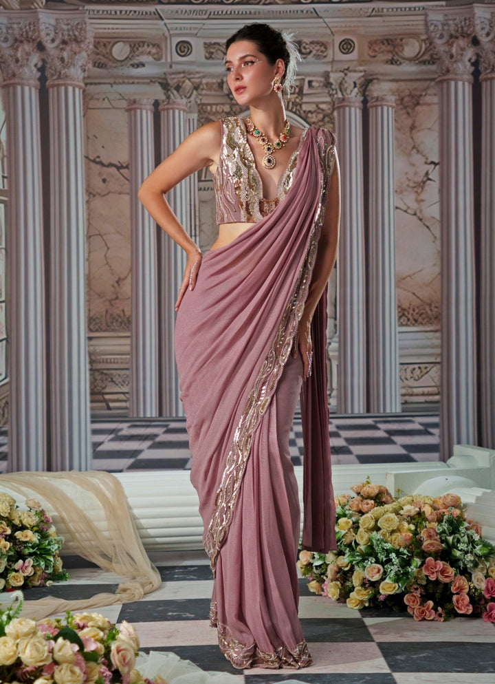 Lilac Draped Sequin Embroidered Georgette Saree Nidhika Shekhar - Fabilicious Fashion